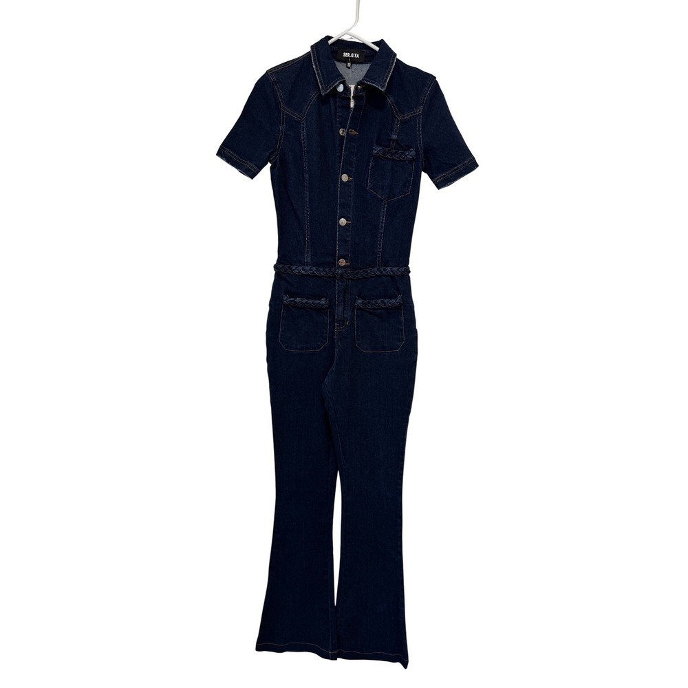 Free People x SER.O.YA Alice Jumpsuit Deep Sea Denim Braided Flare Leg Jumpsuit - Picture 8 of 16